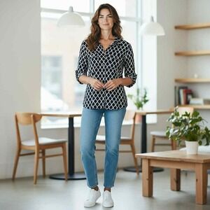 Women's Charter Club Navy‎ Geometric Blouse Button-Up 3/4 Sleeve Top Size PM